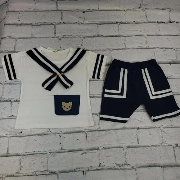 Blue Mini Sailor Set Baby Boys 2 pcs Outfit. T-Shirt and Shorts Baby Boys Set. - Picture 4 of 12